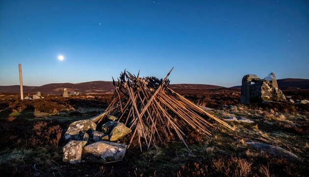 Ancient stone ruins and primitive lean-to shelter under a moonlit starry night sky on a remote moorland