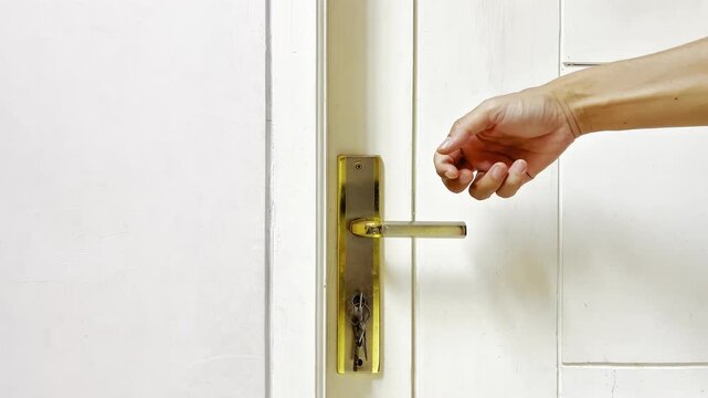 Close-up of a hand knocking on a wooden door. Entrance, arrival, communication, and request concepts. High-quality 4K footage.