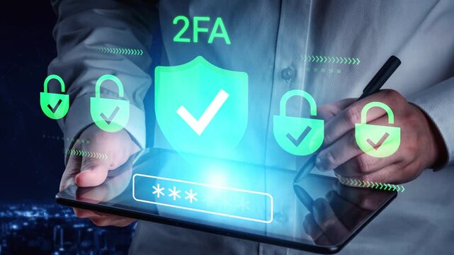 Secure Two-Factor Authentication Process Illustration with Tablet and Digital Security Elements for Cybersecurity Concepts and Online Safety Measures Gluon.