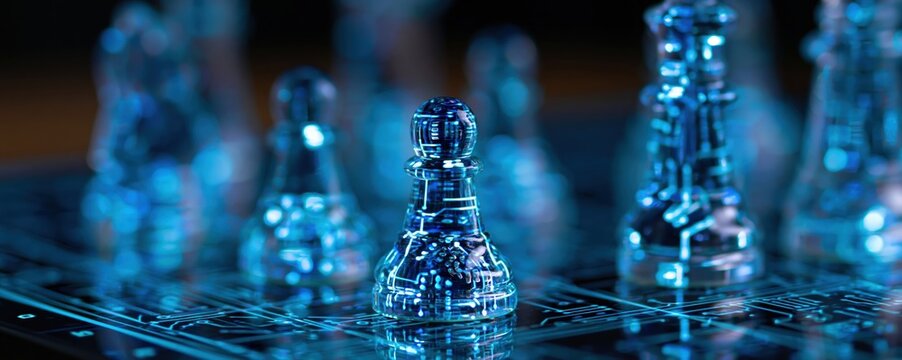 Chess pawn on a dark glass board with blue neon light for a strategy game concept