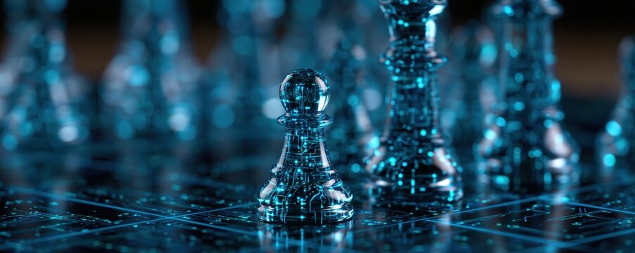 Chess pawn and glass queen on a reflective board for a strategy game checkmate
