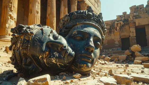 Ancient stone statue heads fallen amidst historical ruins, depicting a sense of lost civilization and decaying grandeur.