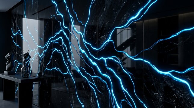 Abstract blue energy lightning bolt pattern on dark marble surface
