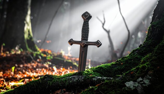 Ancient sword embedded in mossy ground in a misty forest with sunbeams illuminating the scene