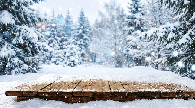 Winter forest product display snowy tabletop with blurred evergreen trees in the background