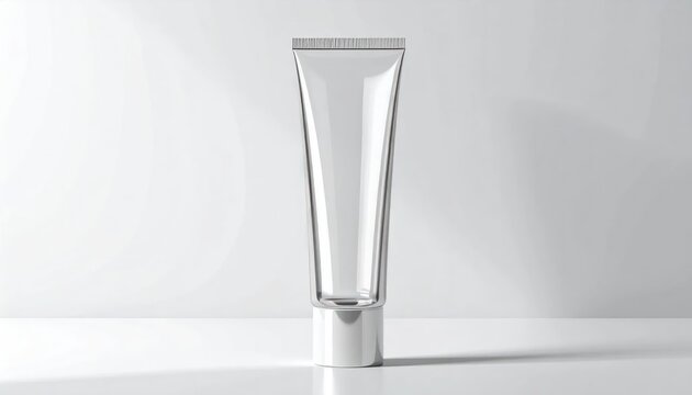 Transparent plastic cosmetic tube on white studio background.