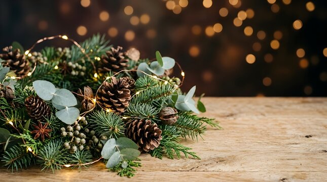 Festive holiday arrangement with pinecones eucalyptus and twinkling lights on wooden surface