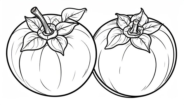 Two persimmons with leaves black and white outline illustration