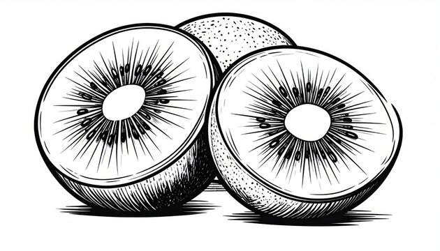 Two sliced kiwi fruit halves in black and white.
