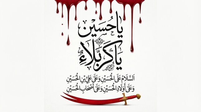 Beautiful black arabic calligraphy of ya hussain and ya karbala text combined with a sharp red sword and realistic dripping blood design on white background