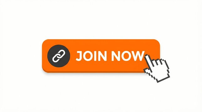 Bright orange button displaying the text join now with a linked chain icon being clicked by a pixelated cursor isolated on a clean white background