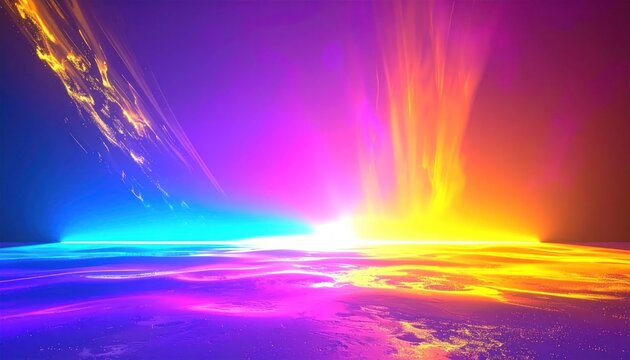 Vibrant abstract neon light explosion on dark surface.