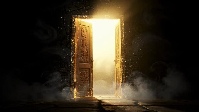 Mysterious ancient wooden door opening with glowing golden light and magical smoke atmosphere