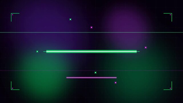 Futuristic digital HUD background with purple and green glowing lines and grid