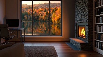 Obraz premium Cozy home office interior with a stone fireplace and autumn lake view from window