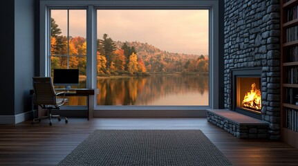 Obraz premium Office home workspace with cozy fireplace and window view of a lake at sunset