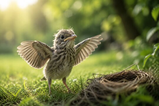 Young bird flapping wings on green grass near a nest.