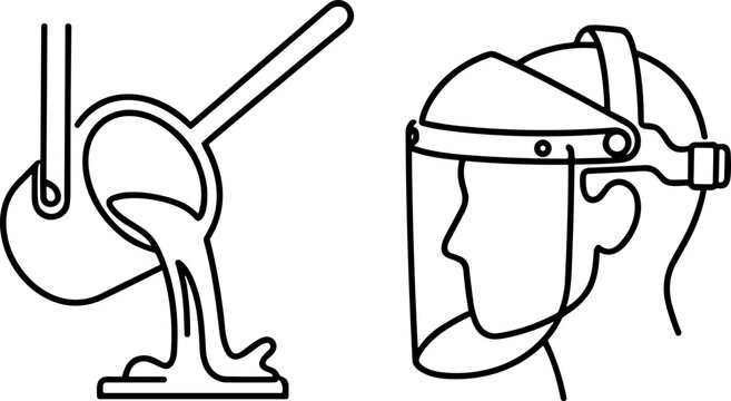 Industrial foundry pouring molten metal and safety face shield icon set.