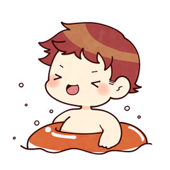 浮き輪で水遊びをする水着の男の子のイラスト © 松蔵 八文字