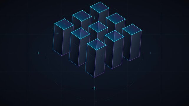 3D isometric blue neon data pillars rotating on dark digital grid
