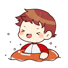 浮き輪で水遊びをするラッシュガードの男の子のイラスト © 松蔵 八文字