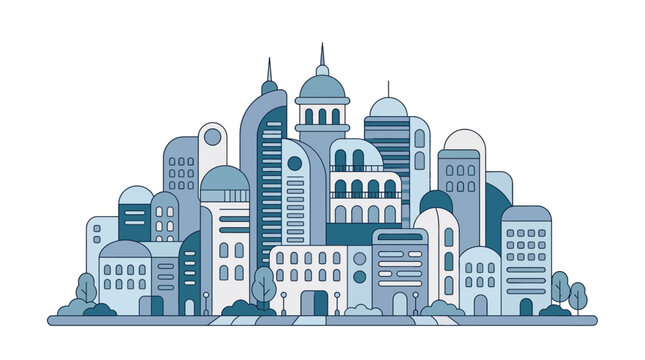 Modern Cityscape Illustration with Diverse Architectural Styles, Urban Development Concept, Business District Skyline, Flat Design Vector Art