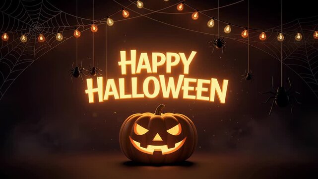 Spooky Halloween pumpkin with glowing eyes and festive lights with hanging spiders and cobwebs
