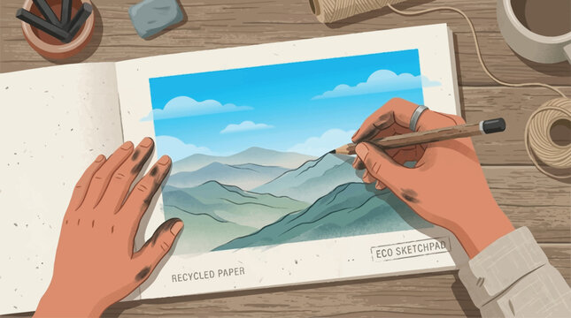 Artist drawing serene mountain landscape in eco-friendly sketchbook, creative hobby and art inspiration