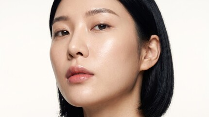 Fototapeta premium Close-up of a young Korean woman's face with glowing skin and subtle makeup