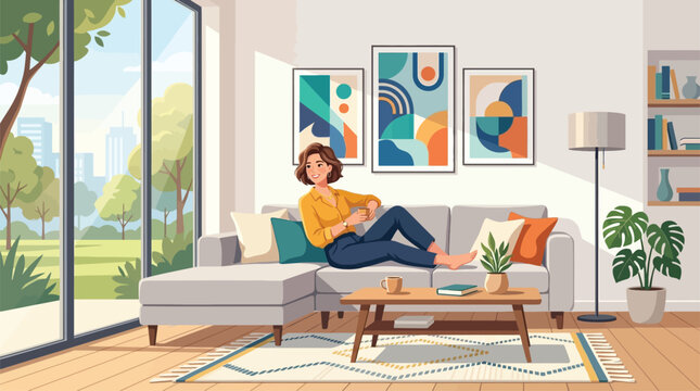 Woman Relaxing on Sofa in Modern Living Room with Large Windows Overlooking Green Landscape and Artwork