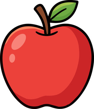 A vibrant red apple illustration with a green leaf.