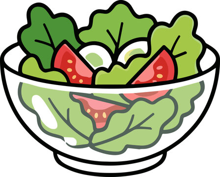 A colorful cartoon illustration of a fresh garden salad in a glass bowl.