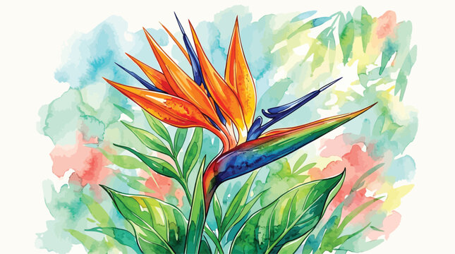 Vibrant Bird of Paradise Flower Watercolor Illustration with Tropical Leaves and Soft Pastel Background for Design