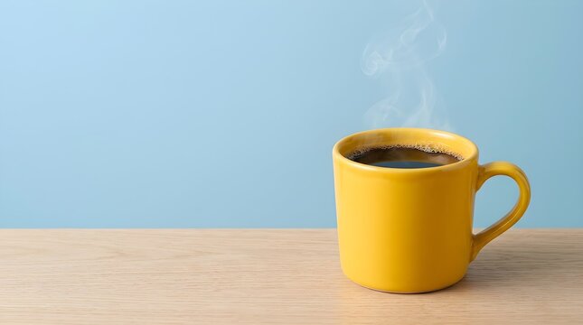 Steaming yellow mug of coffee on wooden surface with light blue background morning beverage concept