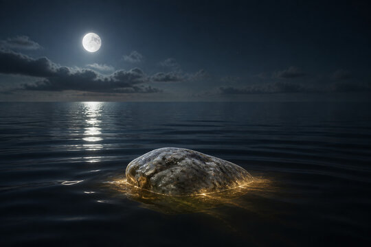 Moonlit ambergris drifting on calm glowing sea