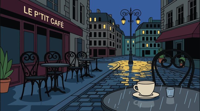 Cozy Parisian Cafe Terrace at Night with Coffee and Rain Reflections on Cobblestone Street