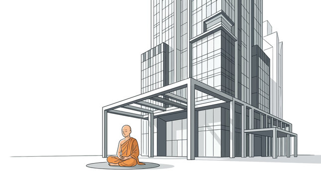 Monk Meditating in Lotus Pose Outside Modern Skyscraper Office Building, Serenity and Business Contrast, Conceptual Illustration