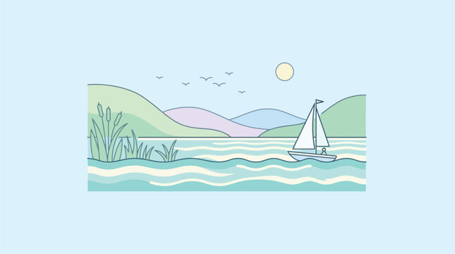 Serene Summer Sailboat on Calm Lake with Rolling Hills and Sunny Sky, Minimalist Vector Landscape for Travel and Leisure Concepts