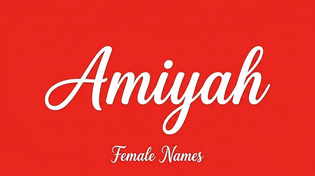 A feminine name Amiyah written in white flowing cursive typography sits prominently upon a vibrant red surface representing popular naming conventions for parents choosing identifying monikers
