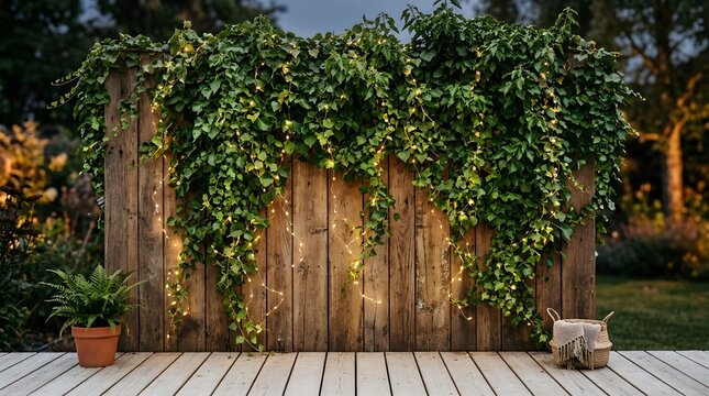 Rustic wooden fence decorated with lush green vines and warm fairy lights for outdoor events