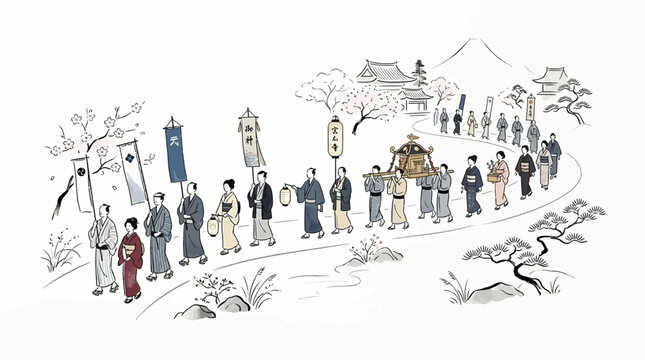 Traditional Japanese Festival Parade with People in Kimonos and Sacred Palanquin, Scenic Landscape with Cherry Blossoms and Pagodas, Cultural Herit...