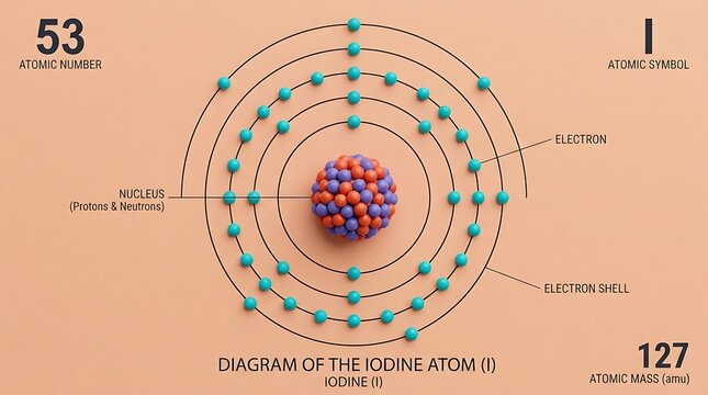 Visualizing the atomic structure of Iodine, Element 53, with a detailed representation of its nucleus containing protons and neutrons surrounded by orbiting electrons within designated energy