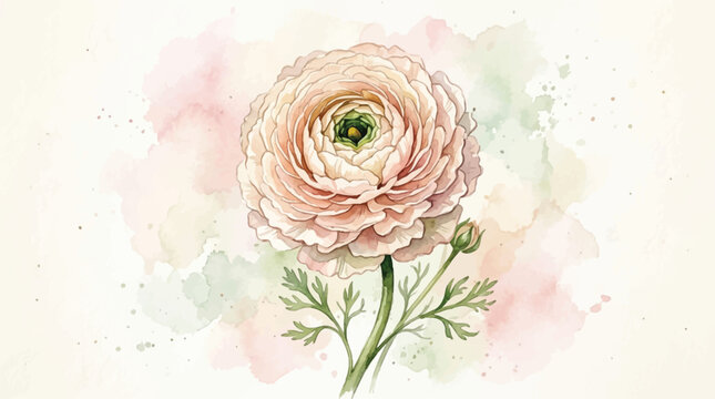 Delicate Watercolor Ranunculus Flower Blossom with Bud and Leaves on Soft Pastel Background, Romantic Botanical Illustration for Design
