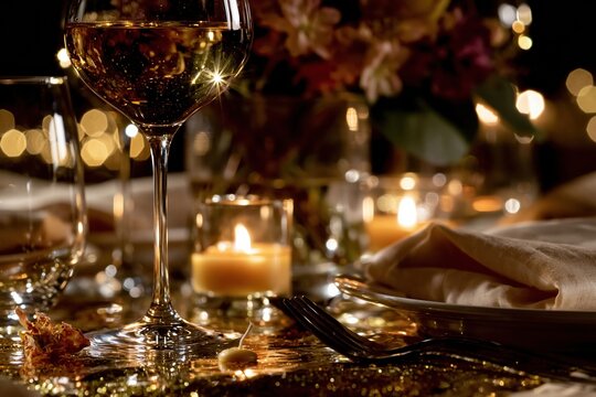 Elegant romantic table setting with a glowing wine glass and burning candles for an intimate dinner date at home with warm lights