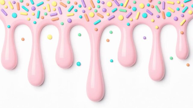 Colorful dripping pink icing with vibrant candy sprinkles background for dessert and sweet treats