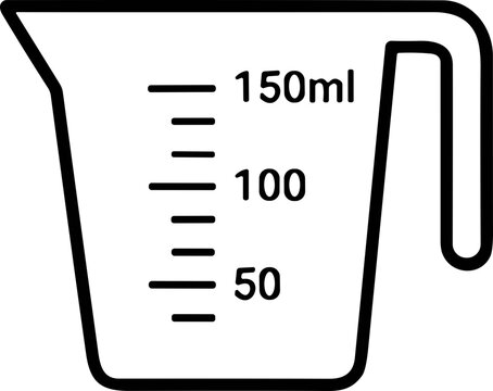 Minimalist outline icon of a measuring cup with milliliter markings.