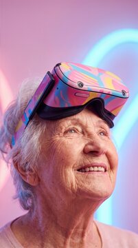 ネオン背景でカラフルなVRゴーグルを額に上げて微笑む高齢女性、最新テクノロジーを楽しむシニアのコンセプト