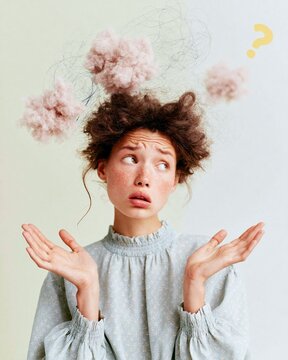 Overwhelmed woman with a bewildered expression and floating scribbles, showing a confused mental state for stress and burnout concepts