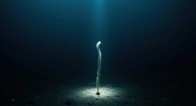 A fragile sea pen standing tall on the dark ocean floor