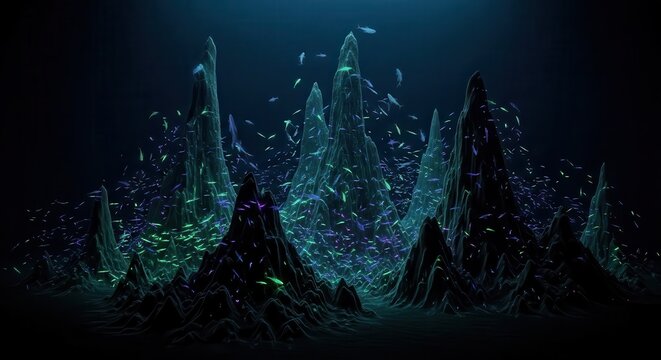 Bioluminescent fish swarm around glowing underwater mountain formations